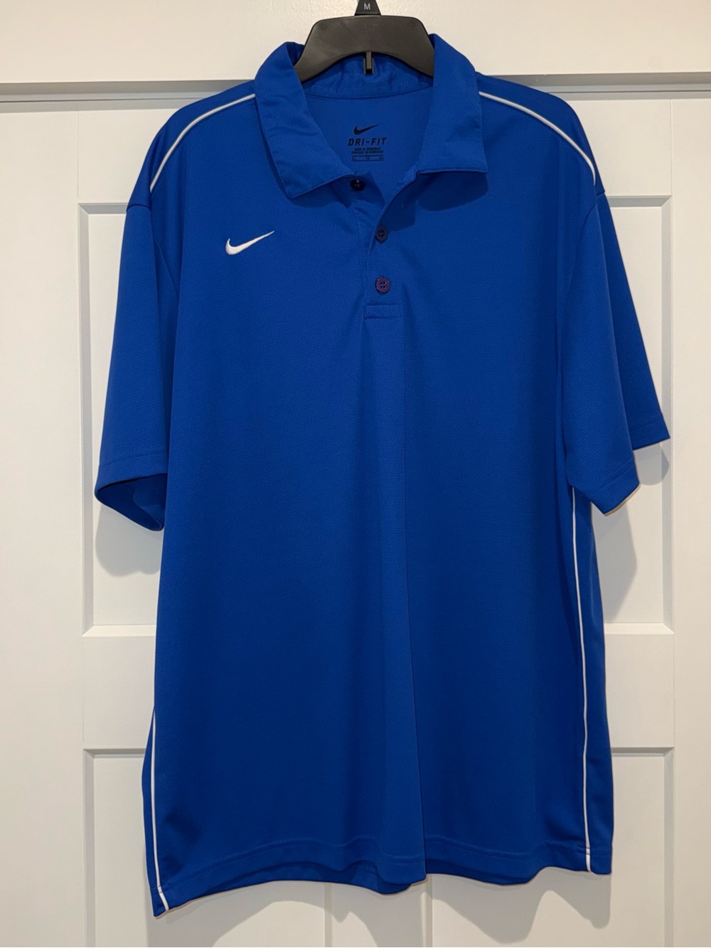Nike Dri-FIT Mens XL Blue/White Solid Polyester Polo Golf Shirt SS Collared Logo